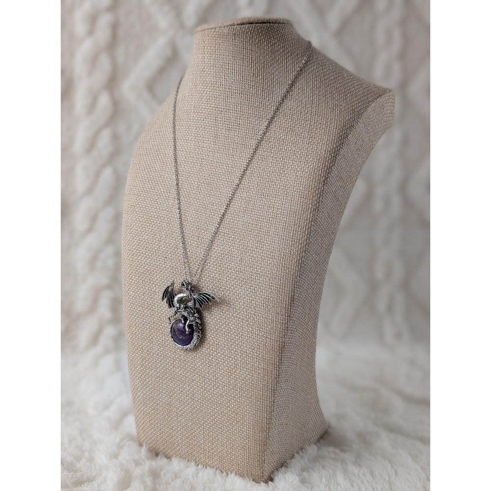 Silver Tone Dragon Necklace Purple‎ Stone Fantasy Gothic Pendant Chain